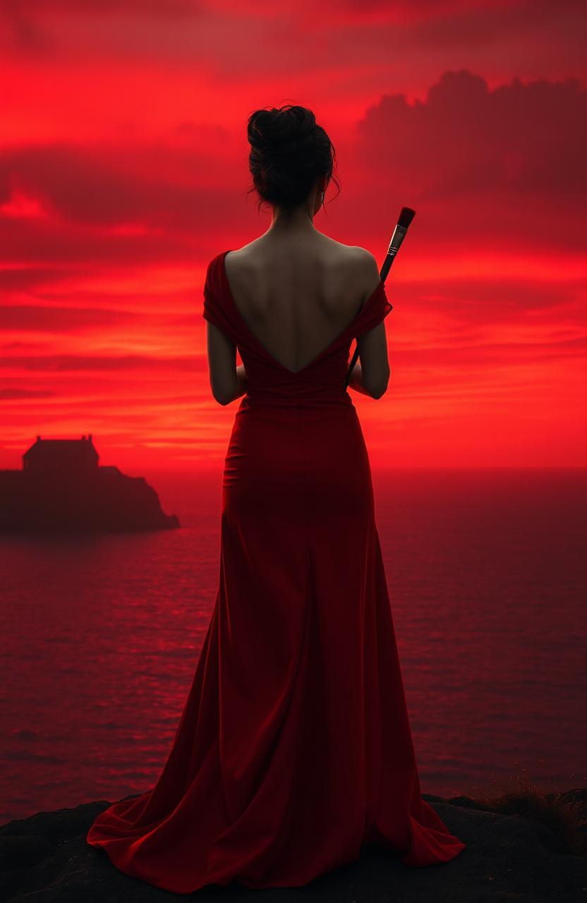 A semi-realistic, atmospheric image depicting a middle-aged elegant woman from the back at the edge of a cliff or hill during sunset