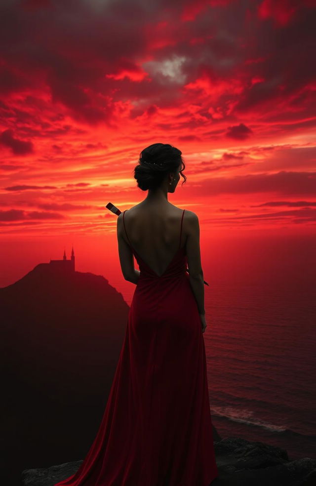 A semi-realistic, atmospheric image depicting a middle-aged elegant woman from the back at the edge of a cliff or hill during sunset