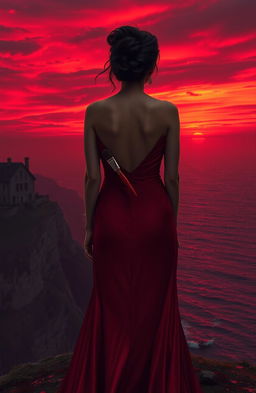 A semi-realistic, atmospheric image depicting a middle-aged elegant woman from the back at the edge of a cliff or hill during sunset