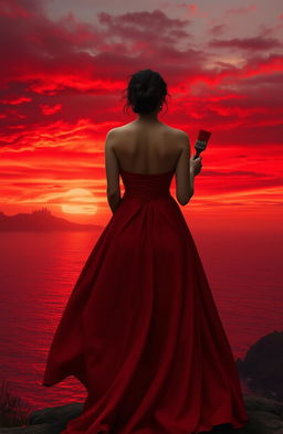 A semi-realistic, atmospheric image depicting a middle-aged elegant woman from the back at the edge of a cliff or hill during sunset