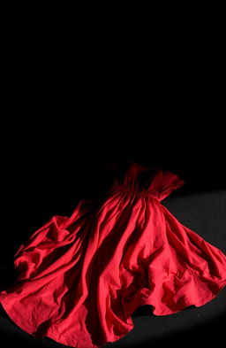 A striking visual of a discarded red dress on the ground, showcasing its vibrant color against a deep black background