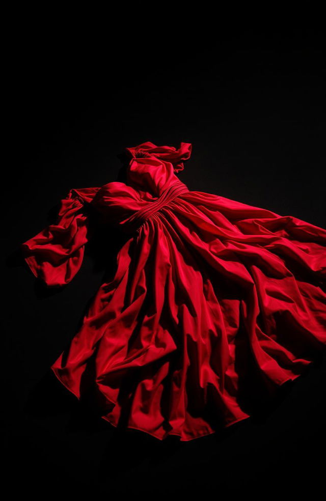 A striking visual of a discarded red dress on the ground, showcasing its vibrant color against a deep black background