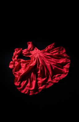 A striking visual of a discarded red dress on the ground, showcasing its vibrant color against a deep black background