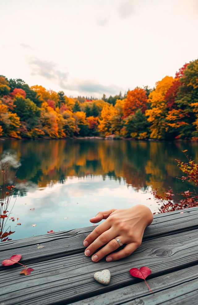 A serene landscape reflecting the themes of love and loss, featuring a tranquil lake surrounded by lush, vibrant trees in autumn colors