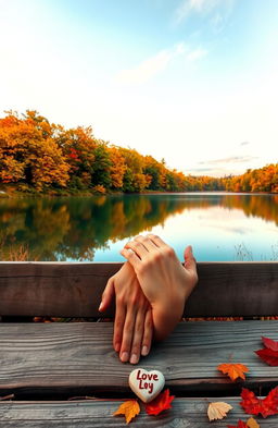 A serene landscape reflecting the themes of love and loss, featuring a tranquil lake surrounded by lush, vibrant trees in autumn colors