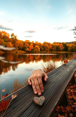A serene landscape reflecting the themes of love and loss, featuring a tranquil lake surrounded by lush, vibrant trees in autumn colors