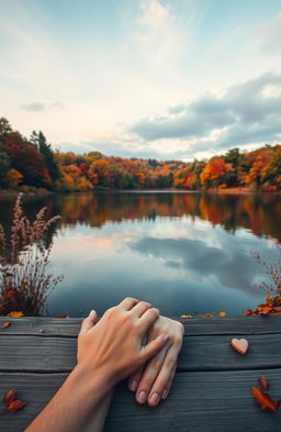 A serene landscape reflecting the themes of love and loss, featuring a tranquil lake surrounded by lush, vibrant trees in autumn colors