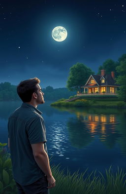 A serene night scene depicting a man standing by a tranquil lake, gazing across at a cozy house illuminated by warm lights