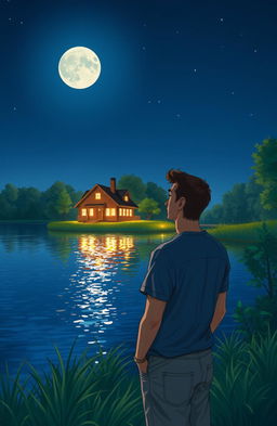 A serene night scene depicting a man standing by a tranquil lake, gazing across at a cozy house illuminated by warm lights