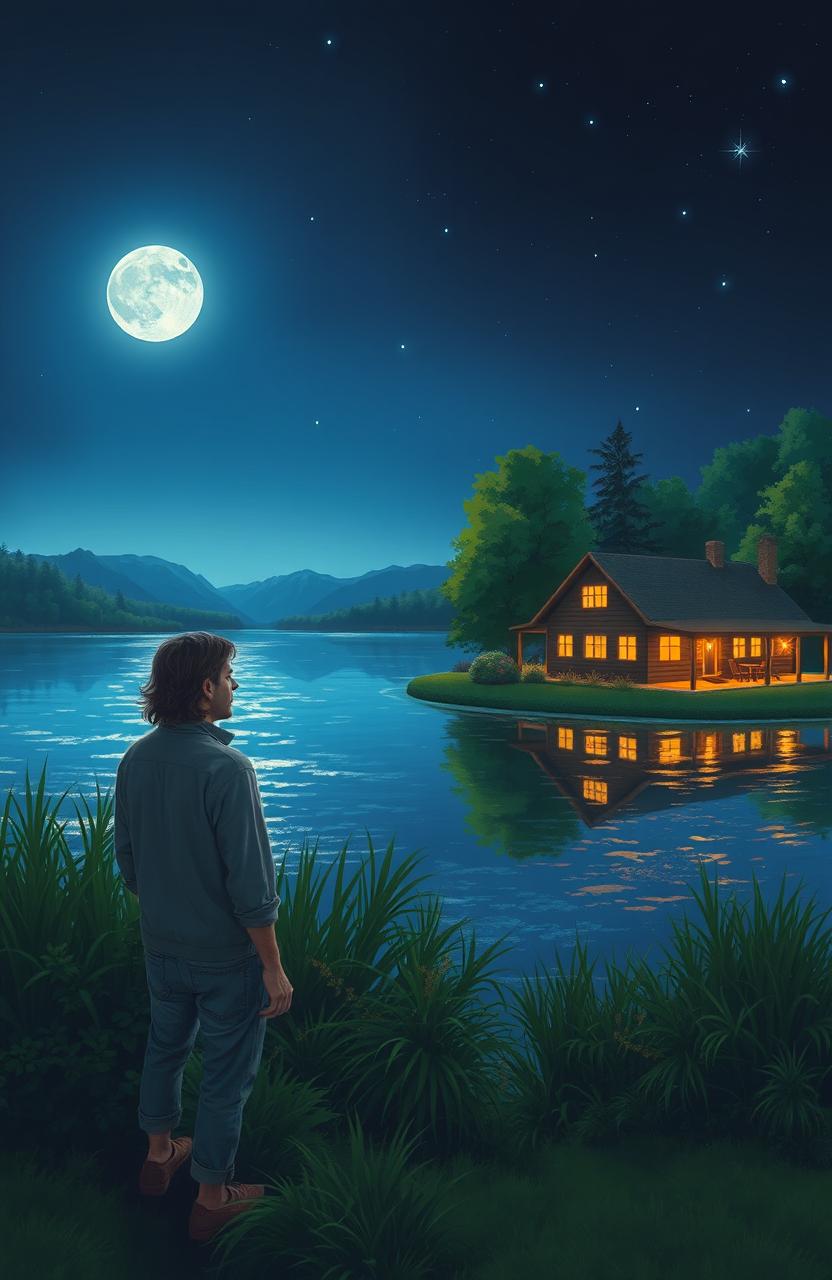 A serene night scene depicting a man standing by a tranquil lake, gazing across at a cozy house illuminated by warm lights