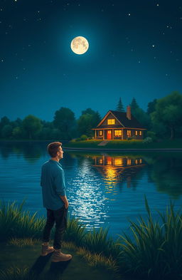 A serene night scene depicting a man standing by a tranquil lake, gazing across at a cozy house illuminated by warm lights