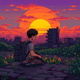 A young man sitting on the ground with a backpack and a weapon, gazing at a beautiful sunset during a zombie apocalypse
