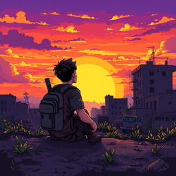 A young man sitting on the ground with a backpack and a weapon, gazing at a beautiful sunset during a zombie apocalypse