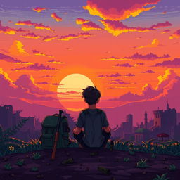 A young man sitting on the ground with a backpack and a weapon, gazing at a beautiful sunset during a zombie apocalypse