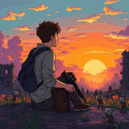 A young man sitting on the ground with a backpack and a weapon, gazing at a beautiful sunset during a zombie apocalypse