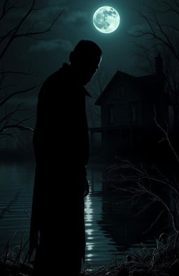 A haunting scene of a scary man standing ominously by a lake, silhouetted against the dark night sky