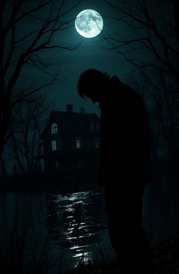 A haunting scene of a scary man standing ominously by a lake, silhouetted against the dark night sky