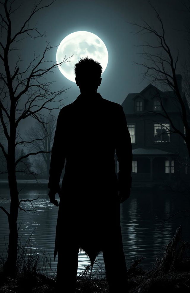 A haunting scene of a scary man standing ominously by a lake, silhouetted against the dark night sky