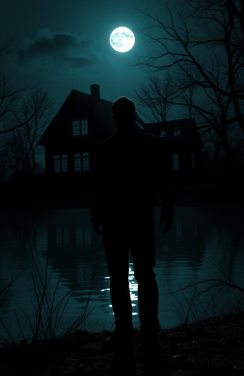 A haunting scene of a scary man standing ominously by a lake, silhouetted against the dark night sky