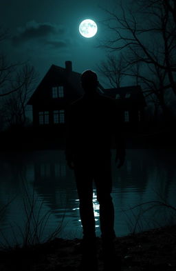 A haunting scene of a scary man standing ominously by a lake, silhouetted against the dark night sky