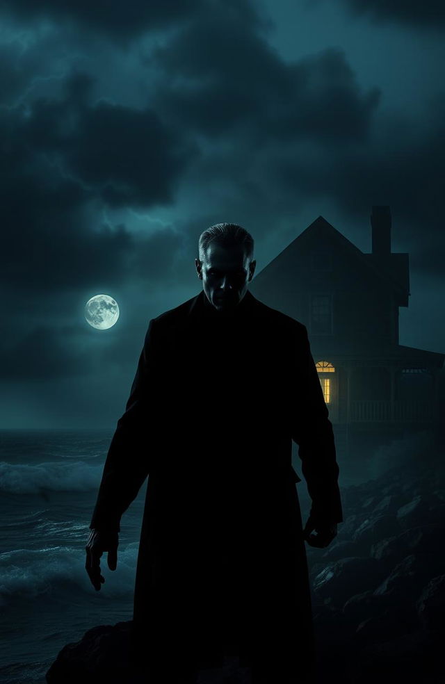 A terrifying man with a sinister expression, standing menacingly by a dark, stormy ocean at night