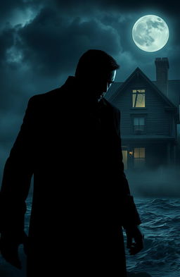 A terrifying man with a sinister expression, standing menacingly by a dark, stormy ocean at night