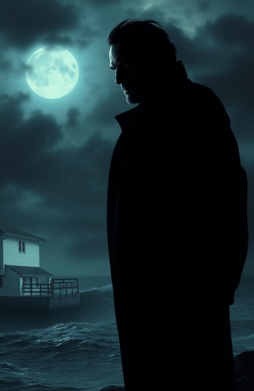 A terrifying man with a sinister expression, standing menacingly by a dark, stormy ocean at night