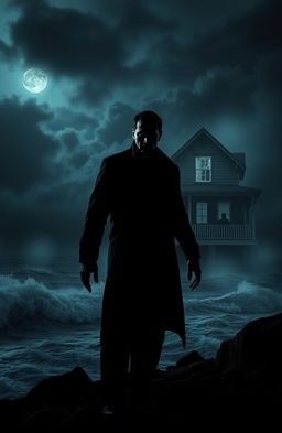 A terrifying man with a sinister expression, standing menacingly by a dark, stormy ocean at night