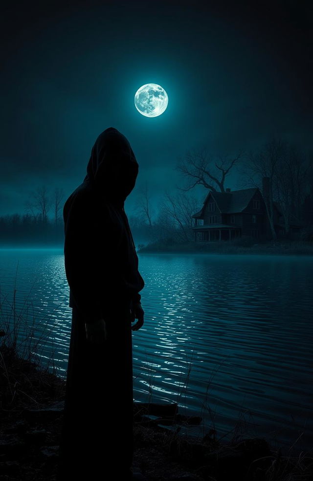 A chilling scene at night featuring a menacing figure, a scary man with a dark hoodie and shadowy face, standing ominously by a wide, tranquil lake