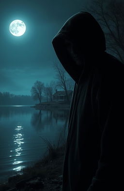 A chilling scene at night featuring a menacing figure, a scary man with a dark hoodie and shadowy face, standing ominously by a wide, tranquil lake