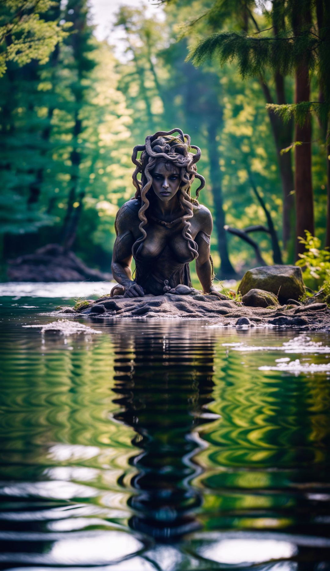 Medusa at a tranquil forest lake, turning to stone as she gazes at her rippled reflection, shot with Panasonic Lumix G85, G Vario 12-60mm f/3