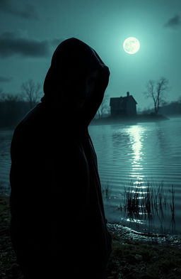 A chilling scene at night featuring a menacing figure, a scary man with a dark hoodie and shadowy face, standing ominously by a wide, tranquil lake