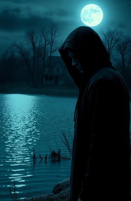 A chilling scene at night featuring a menacing figure, a scary man with a dark hoodie and shadowy face, standing ominously by a wide, tranquil lake