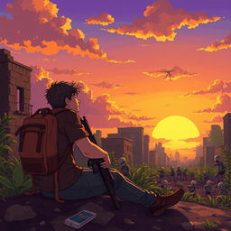 A young man sitting on the ground with a backpack and a weapon, gazing at a beautiful sunset during a zombie apocalypse