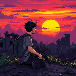 A young man sitting on the ground with a backpack and a weapon, gazing at a beautiful sunset during a zombie apocalypse