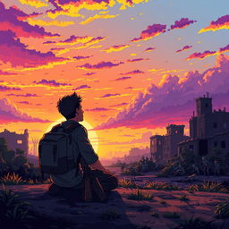 A young man sitting on the ground with a backpack and a weapon, gazing at a beautiful sunset during a zombie apocalypse