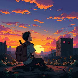 A young man sitting on the ground with a backpack and a weapon, gazing at a beautiful sunset during a zombie apocalypse