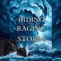 A captivating book cover for 'Riding the Raging Storm', featuring a dramatic, swirling storm with bold, tempestuous clouds in various shades of blue