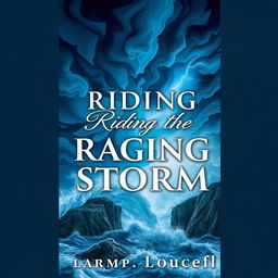 A captivating book cover for 'Riding the Raging Storm', featuring a dramatic, swirling storm with bold, tempestuous clouds in various shades of blue