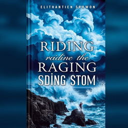 A captivating book cover for 'Riding the Raging Storm', featuring a dramatic, swirling storm with bold, tempestuous clouds in various shades of blue