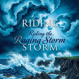 A captivating book cover for 'Riding the Raging Storm', featuring a dramatic, swirling storm with bold, tempestuous clouds in various shades of blue