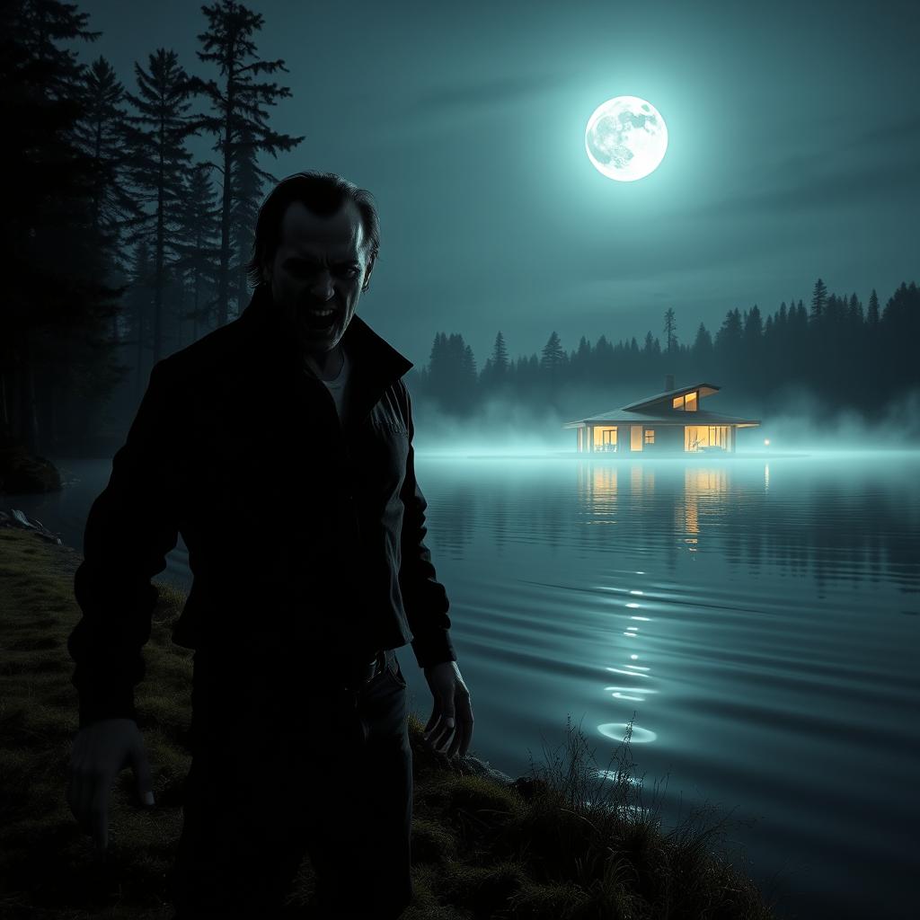 A scary man with a menacing expression standing by a wide, dark lake during night time