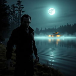 A scary man with a menacing expression standing by a wide, dark lake during night time