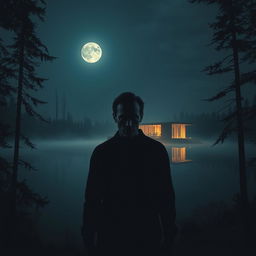A scary man with a menacing expression standing by a wide, dark lake during night time
