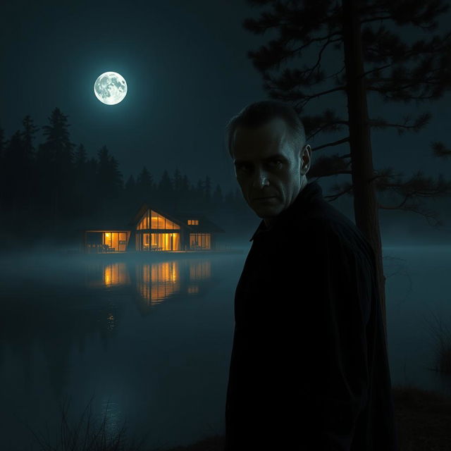 A scary man with a menacing expression standing by a wide, dark lake during night time