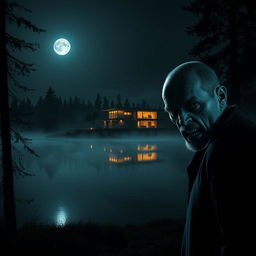A scary man with a menacing expression standing by a wide, dark lake during night time