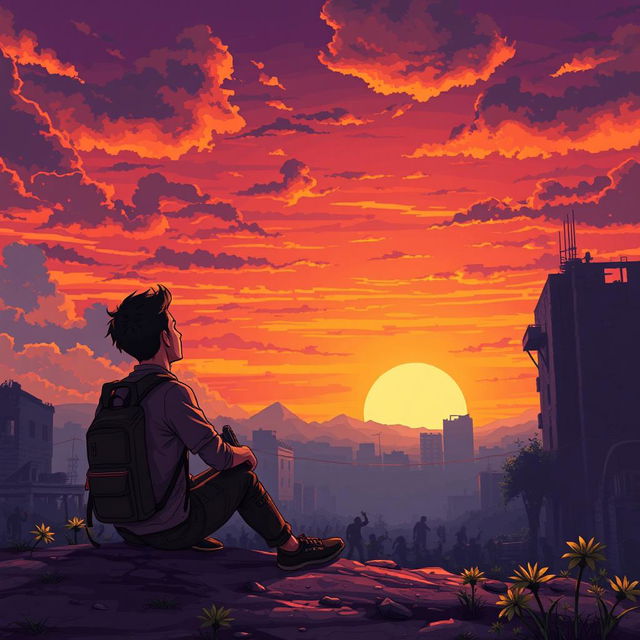 A young man sitting on the ground with a backpack and a weapon, watching a stunning sunset amidst a zombie apocalypse