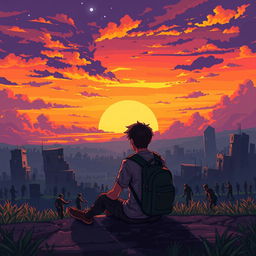 A young man sitting on the ground with a backpack and a weapon, watching a stunning sunset amidst a zombie apocalypse