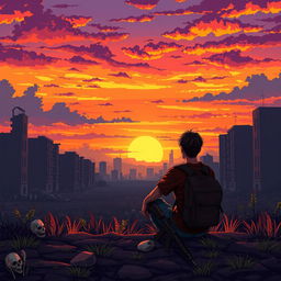 A young man sitting on the ground with a backpack and a weapon, watching a stunning sunset amidst a zombie apocalypse