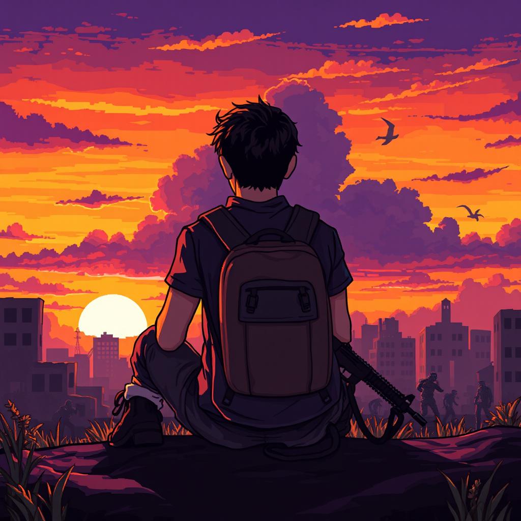 A young man sitting on the ground with a backpack and a weapon, watching a stunning sunset amidst a zombie apocalypse